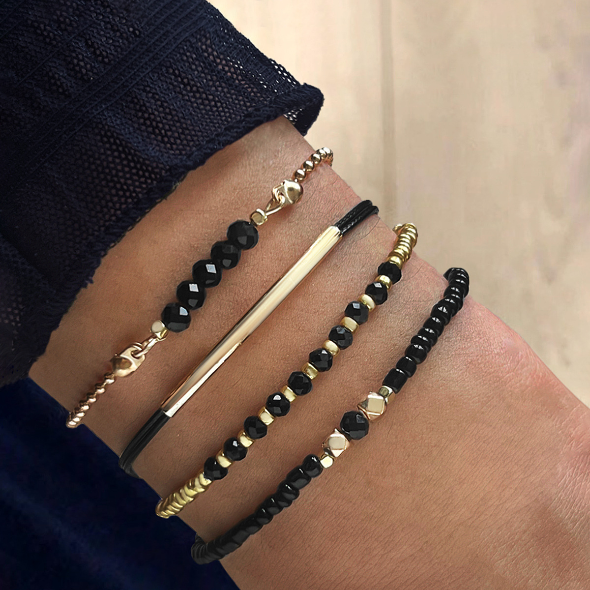 Black Tin Candle - Handmade Black Glass Stone Bracelet Set